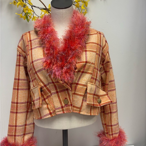 Jackets & Blazers - Plaid Jacket with Faux Fur Trim